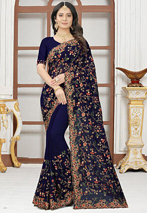 Embroidered Georgette Saree in Navy Blue