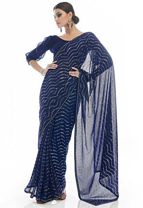 Embroidered Georgette Saree in Navy Blue