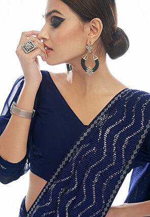 Embroidered Georgette Saree in Navy Blue
