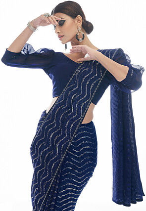 Embroidered Georgette Saree in Navy Blue