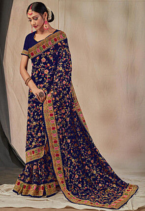Embroidered Georgette Saree in Navy Blue