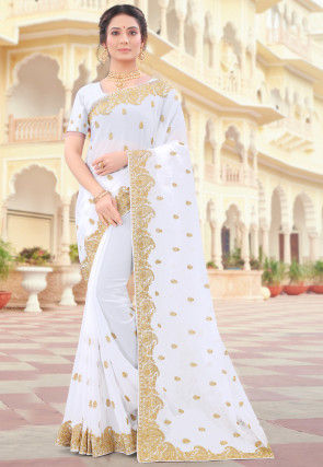 Embroidered Georgette Saree in Off White