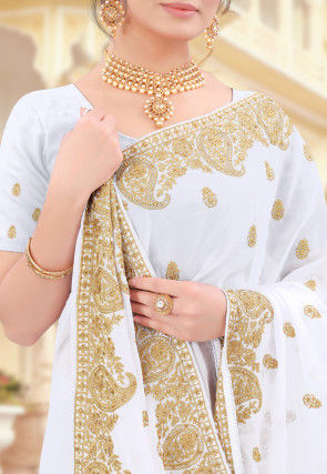 Embroidered Georgette Saree in Off White
