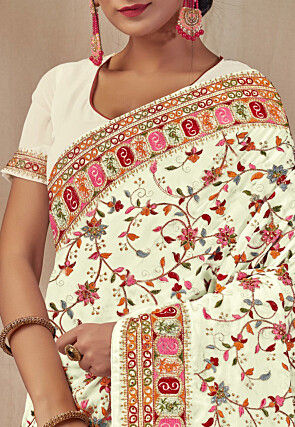 Embroidered Georgette Saree in Off White
