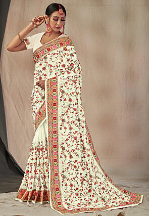 Embroidered Georgette Saree in Off White