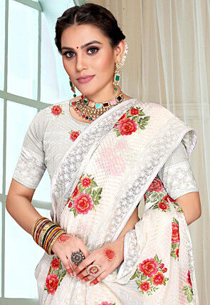 Embroidered Georgette Saree in Off White