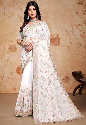 Embroidered Georgette Saree in Off White