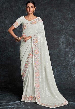 Embroidered Georgette Saree in Off White