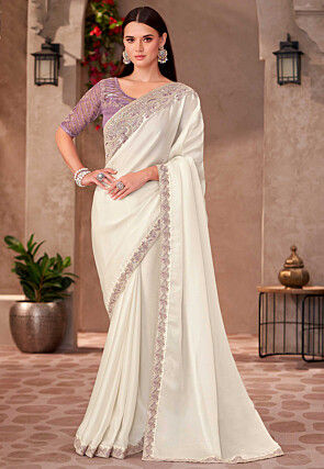 Embroidered Border Georgette Saree in Off White
