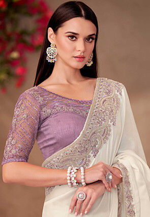 Embroidered Border Georgette Saree in Off White