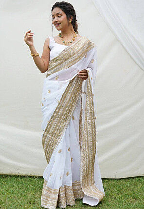 Embroidered Georgette Saree in Off White