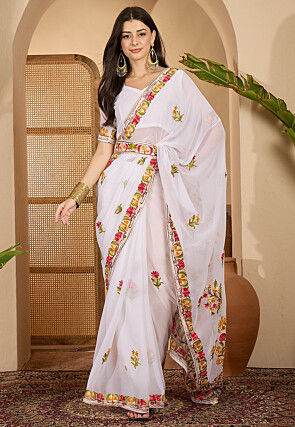 Embroidered Georgette Saree in Off White