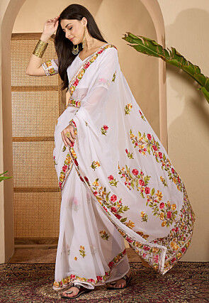 Embroidered Georgette Saree in Off White