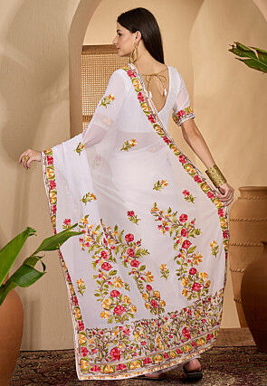 Embroidered Georgette Saree in Off White