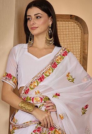 Embroidered Georgette Saree in Off White