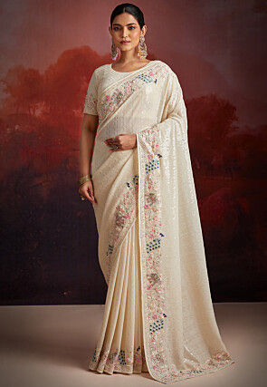 Embroidered Georgette Saree in Off White