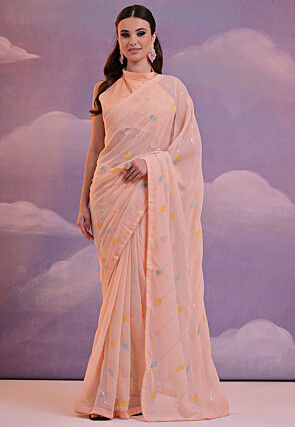 Embroidered Georgette Saree in Orange