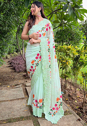 Embroidered Georgette Saree in Pastel Green