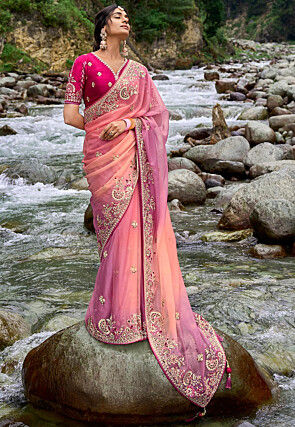 Embroidered Georgette Saree in Peach and Purple