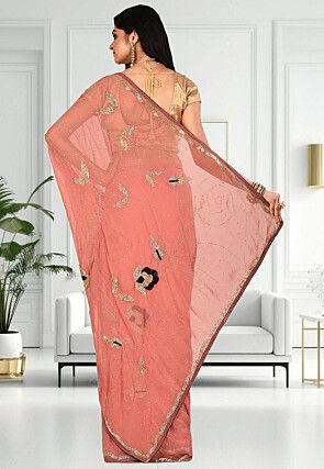 Embroidered Georgette Saree in Peach