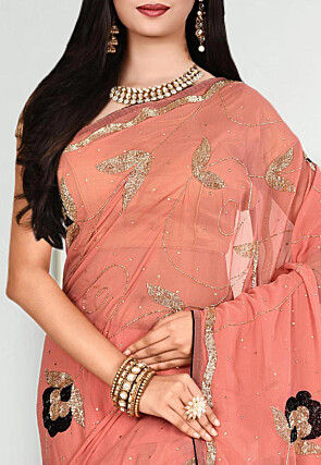 Embroidered Georgette Saree in Peach