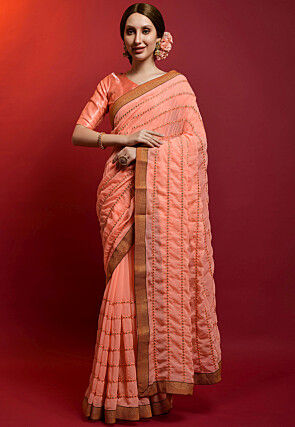 Embroidered Georgette Saree in Peach