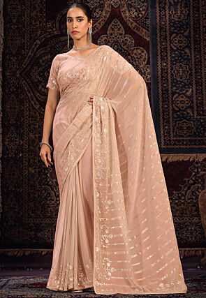 Embroidered Georgette Saree in Peach