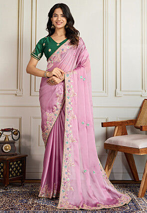 Embroidered Georgette Saree in Pink
