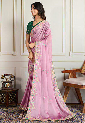 Embroidered Georgette Saree in Pink