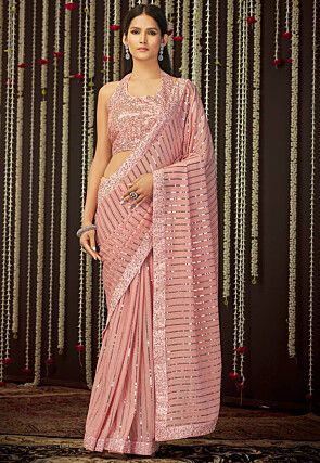 Sari Bollywood Indian Satin Silk Saree Ethnic Wear Designer Sequence Work Blouse 