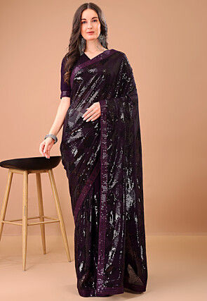 Embroidered Georgette Saree in Purple