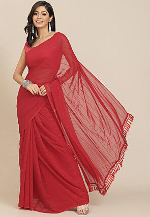 Embroidered Georgette Saree in Red