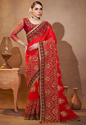 Embroidered Georgette Saree in Red