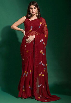 Embroidered Georgette Saree in Red
