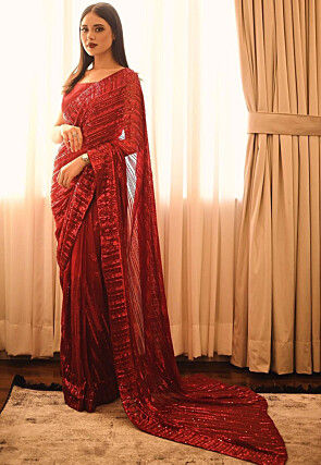 Embroidered Georgette Saree in Red