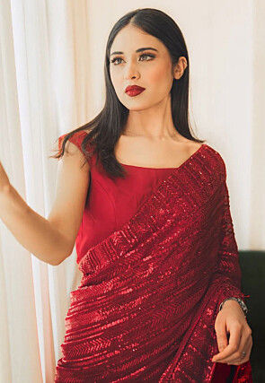 Embroidered Georgette Saree in Red
