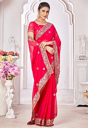 Embroidered Georgette Saree in Red