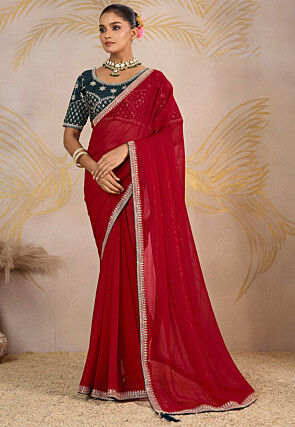 Embroidered Georgette Saree in Red