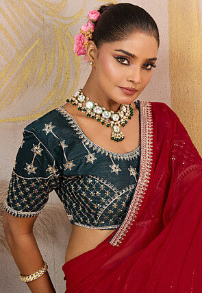 Embroidered Georgette Saree in Red