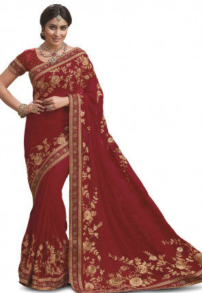 Embroidered Georgette Saree in Red