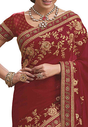 Embroidered Georgette Saree in Red