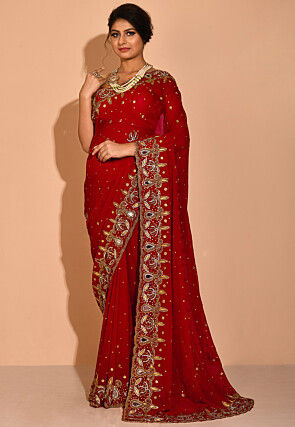 Embroidered Georgette Saree in Red