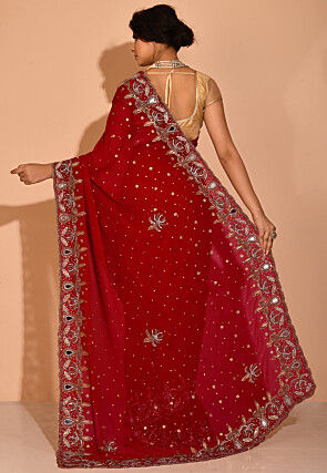 Embroidered Georgette Saree in Red