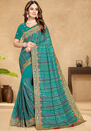 Embroidered Georgette Saree in Sea Green