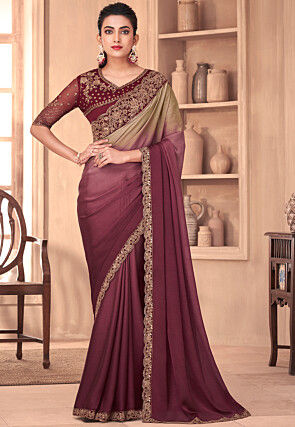 Embroidered Georgette Saree in Shade Purple and Beige