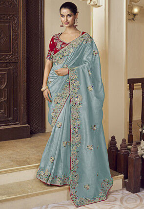 Embroidered Georgette Saree in Sky Blue