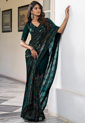 Embroidered Georgette Saree in Teal Blue
