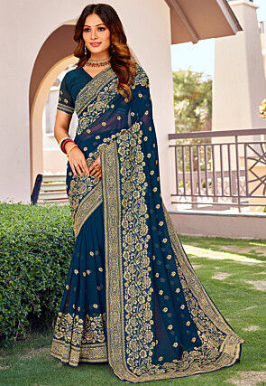 Embroidered Georgette Saree in Teal Blue