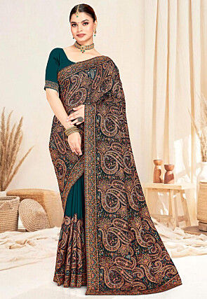 Embroidered Georgette Saree in Teal Blue