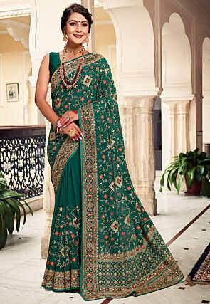 Embroidered Georgette Saree in Teal Green